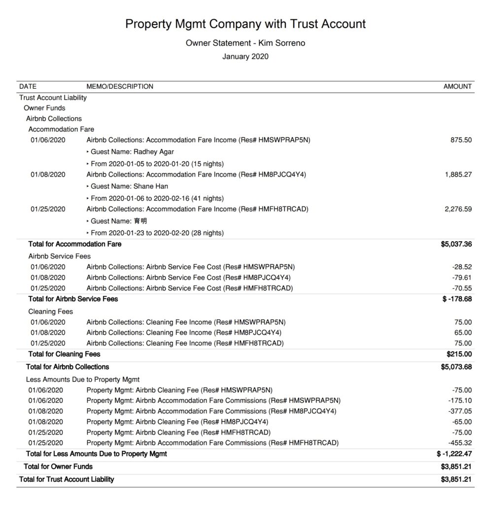 Airbnb Trust Accounting for Property Managers QuickBooks Monthly Owner Statement Report by Account