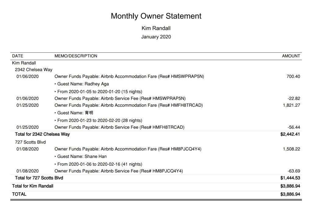 Airbnb Property Management QuickBooks Monthly Owner Statement Report