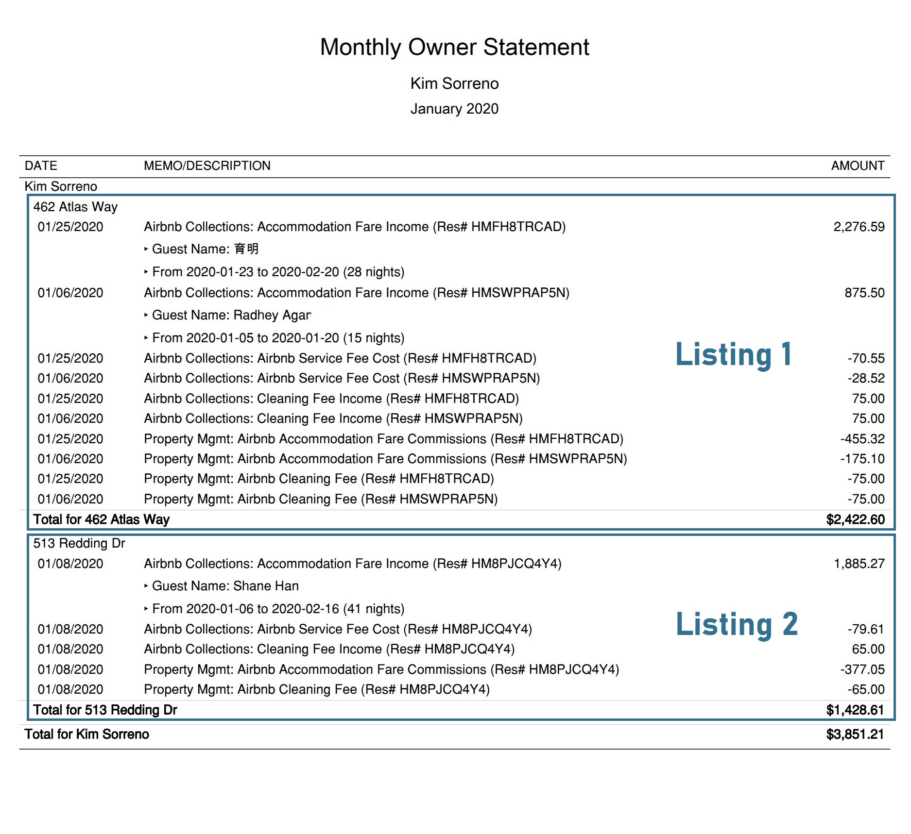 Airbnb Property Management QuickBooks Monthly Owner Statement 2