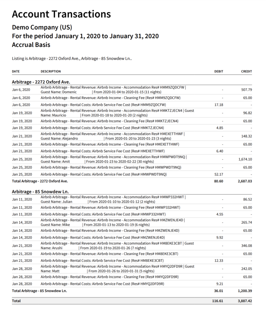 Airbnb Arbitrage Accounting Transaction Report in Xero